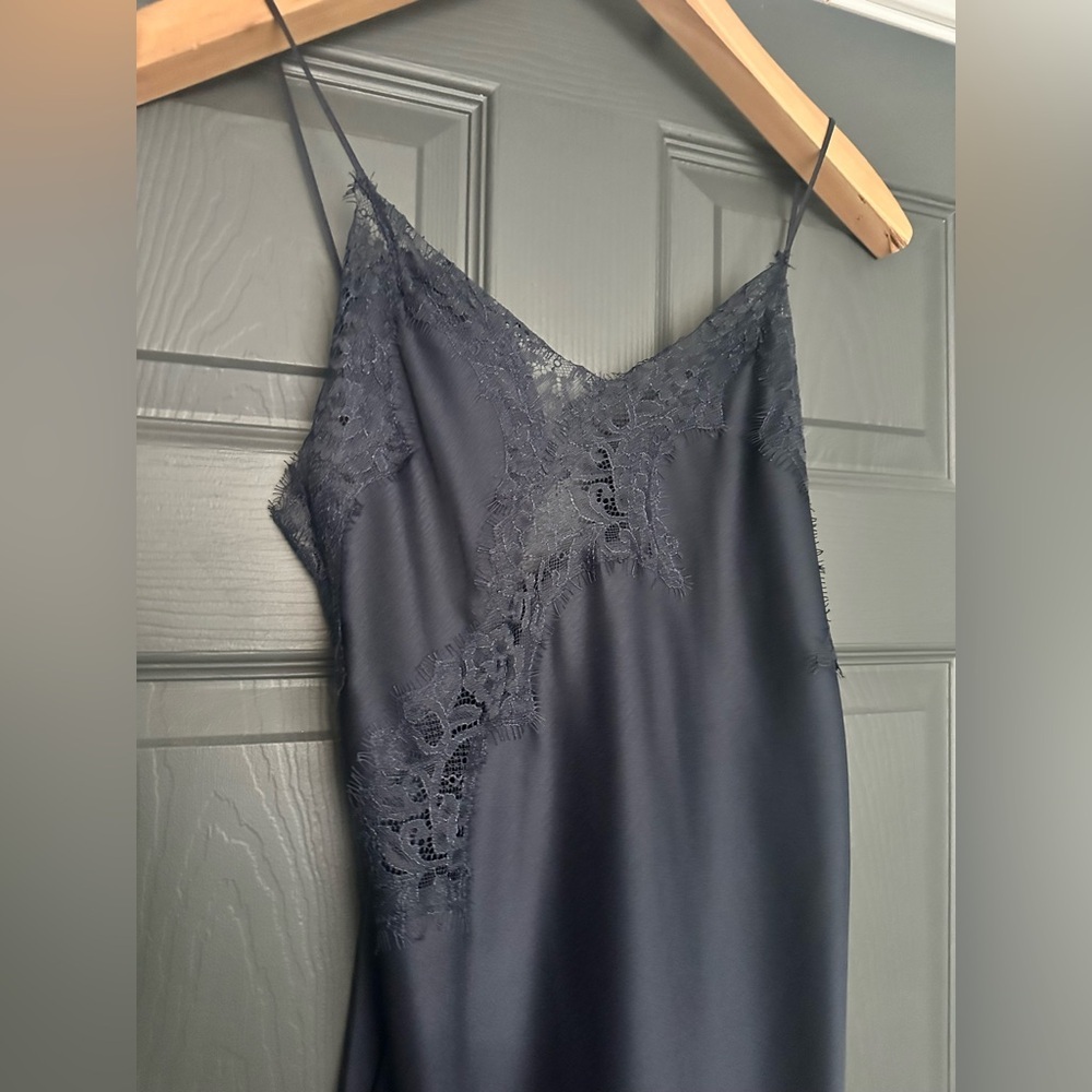 Zara ZW Collection Asymmetric Lace Satin Dress Navy Extra Small NWT - Picture 5 of 9